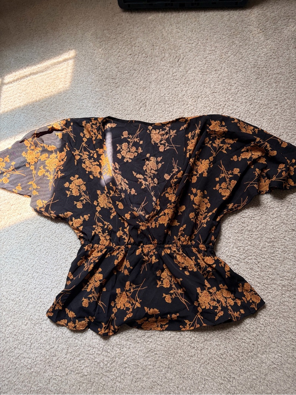 Black Floral Peplum Top in Mustard Print - Unbranded